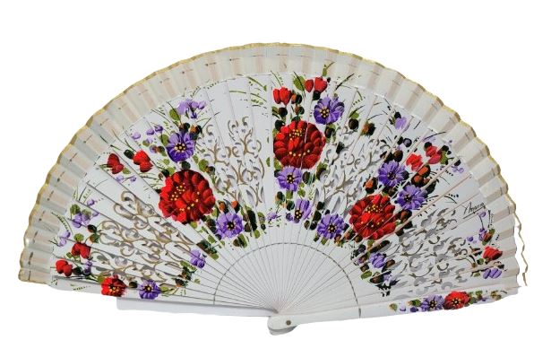 White Fan Decorated with Flowers and Painted by Both Faces